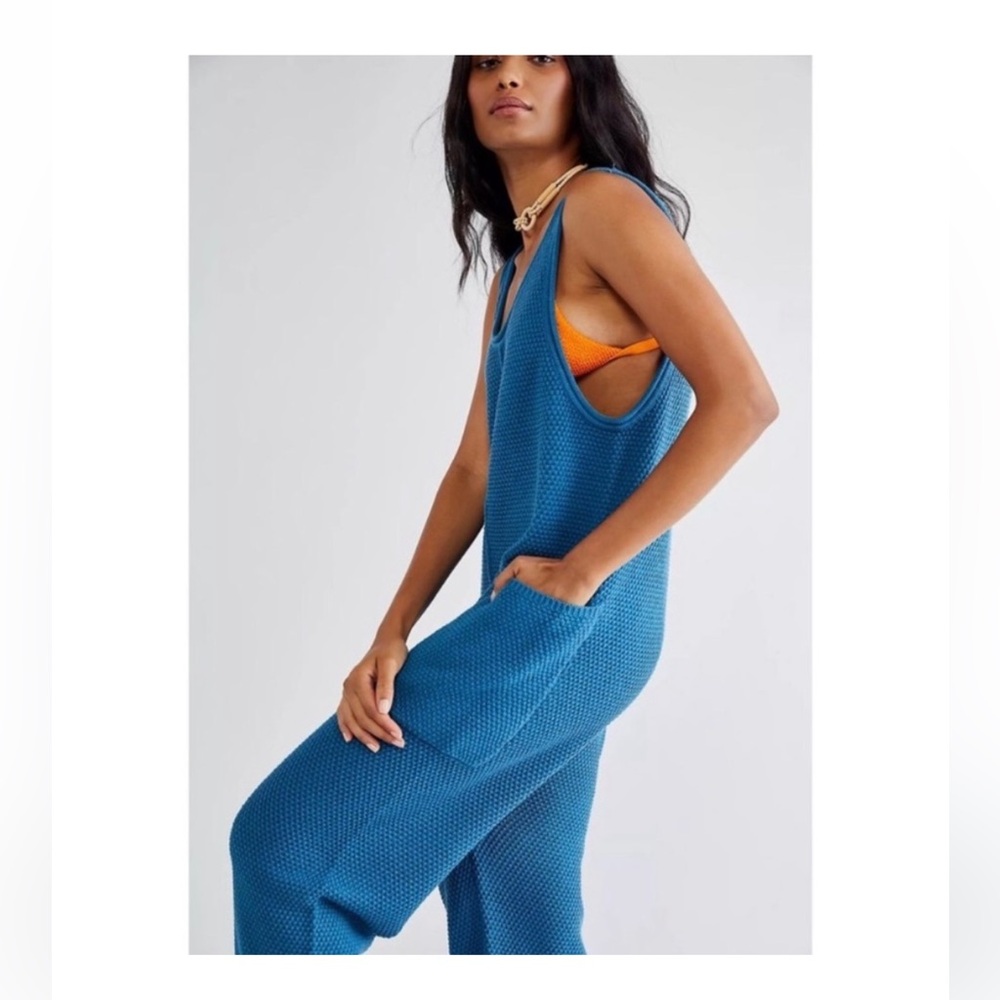 FP BEACH Free People XS Royal Blue Cotton Knit Sweater Hailee Romper Jumper Exc